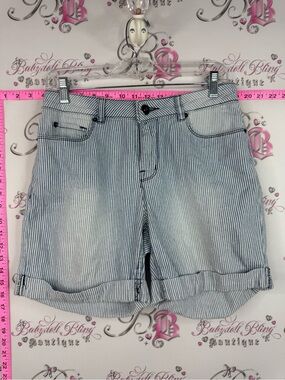 Tribal Blue and White Pinstripe Roll-Cuff Jean Shorts